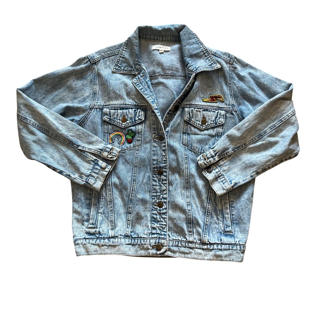 Honey Punch Acid Wash Denim Jacket Mates Patch Rainbow Cactus Lightning Bolt M